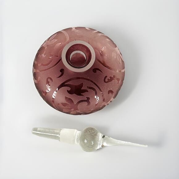 Art Glass Purple Lavender Frosted Etched Perfume Bottle Glass w/ Stopper - Picture 4 of 6